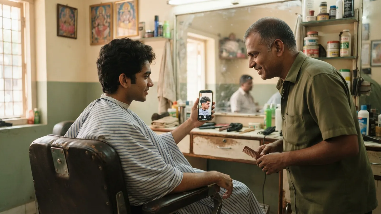 A customer showing his barber a hairstyle on his phone
