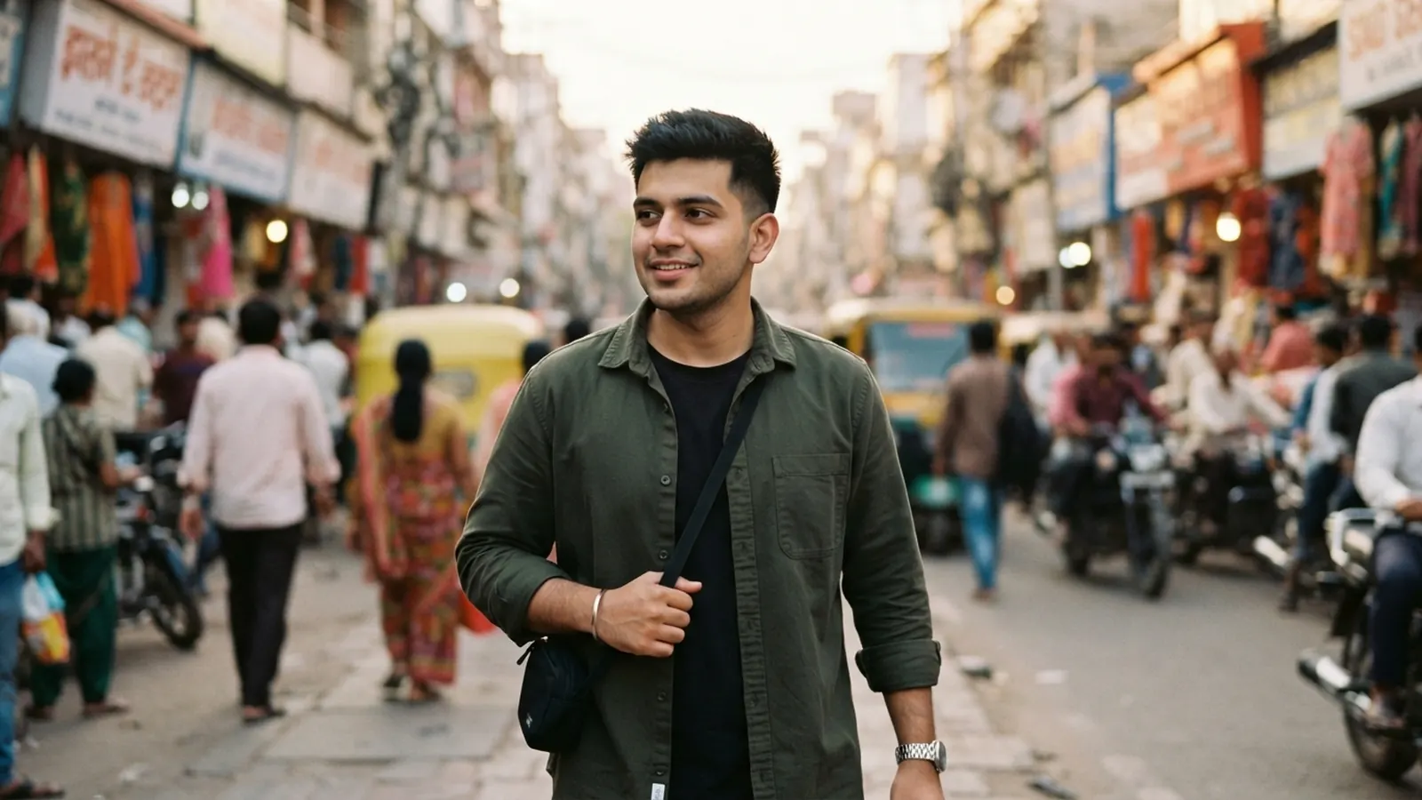 A young man with a short crew cut and neat tapered sides on a sunny city street