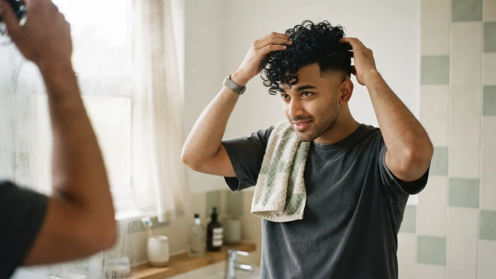 A young man with a curly top fade checking his curls in a bathroom mirror