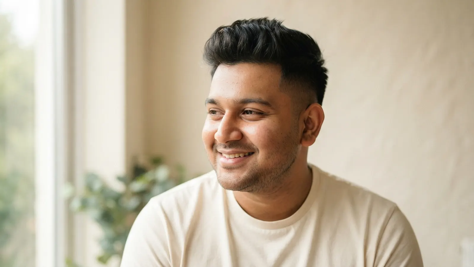 A man with a round face wearing a textured quiff with short sides
