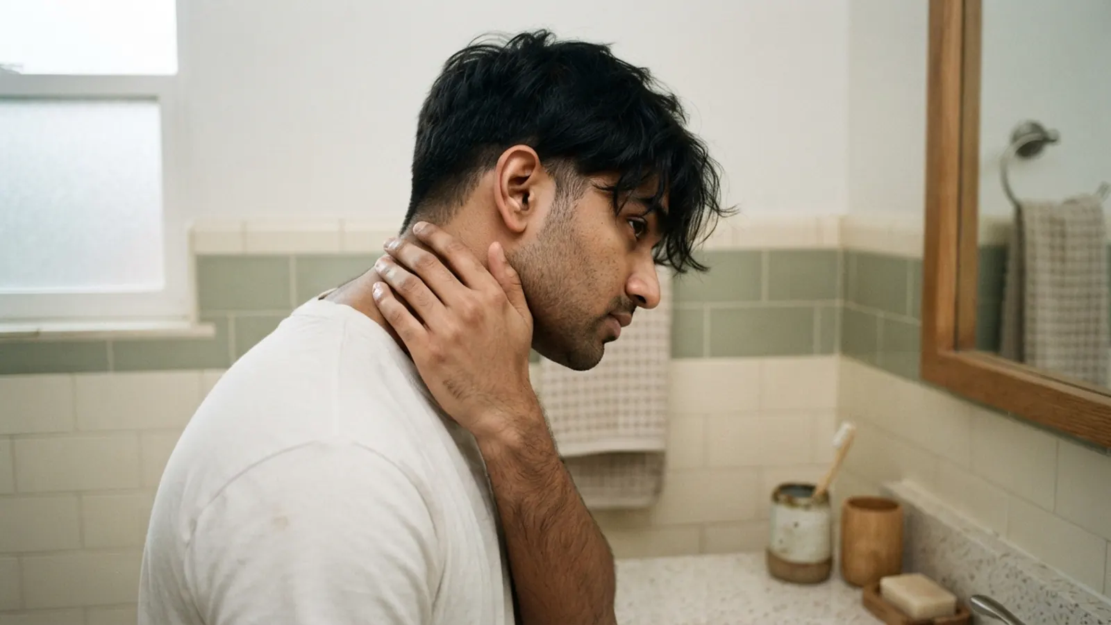 A young man feeling the grown-out back of his fade in front of a bathroom mirror