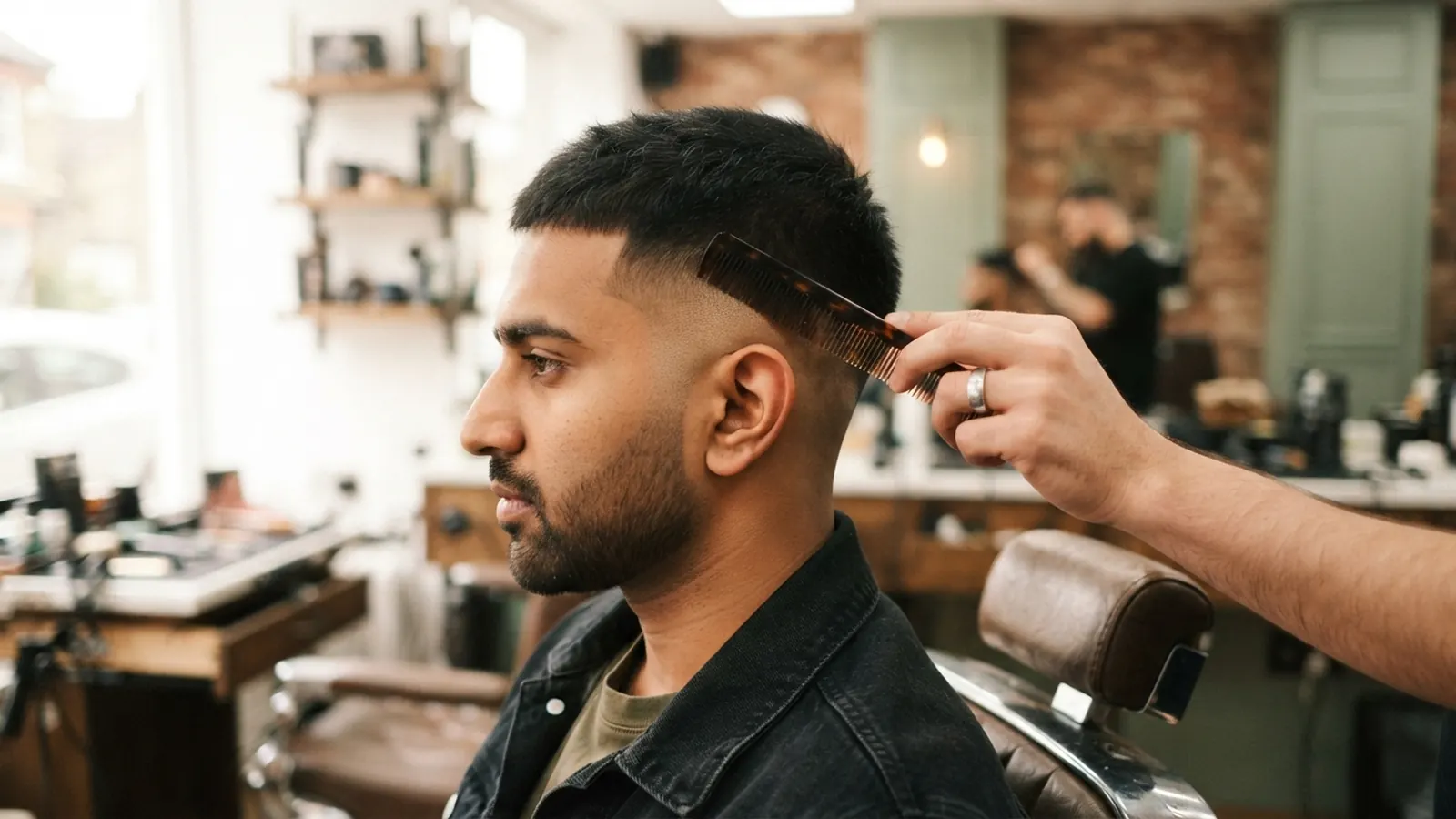 Side profile of a fresh mid skin fade in a barber chair
