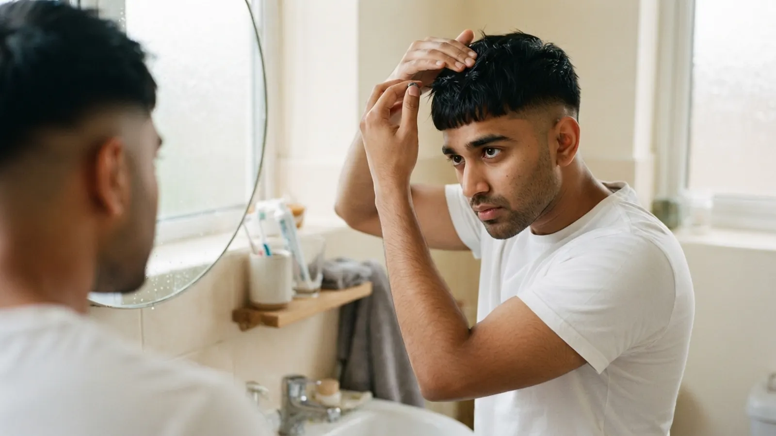A young man checking his freshly cut textured crop in a bathroom mirror